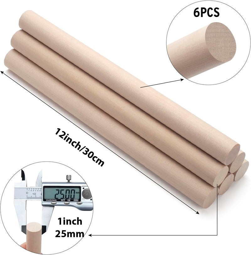 Coowayze Wooden Dowel Rods Wood Dowels for Crafts, 6 PCS 1 x 12 Round Wooden Sticks for Crafts, Thick Macrame Dowels, Unfinished Hard Wood Sticks for Crafting, Arts and DIYers, Closets and Wedding - Image 2